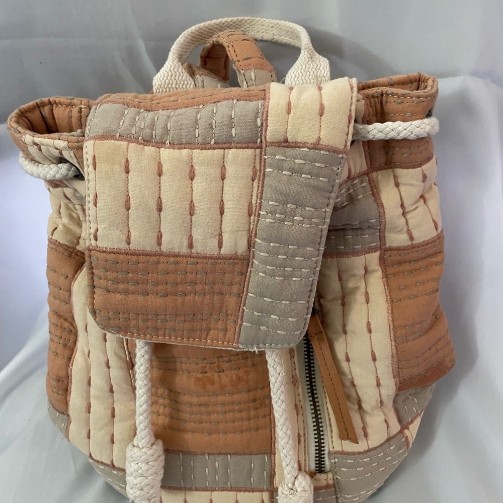 Universal Thread Quilted Patchwork Drawstring Backpack in Cream, Tan & Gray